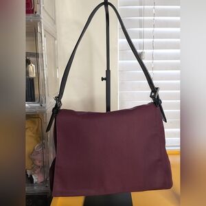 Coach Burgundy Nylon Shoulder Bag | Black Leather Trim | Adjustable Strap